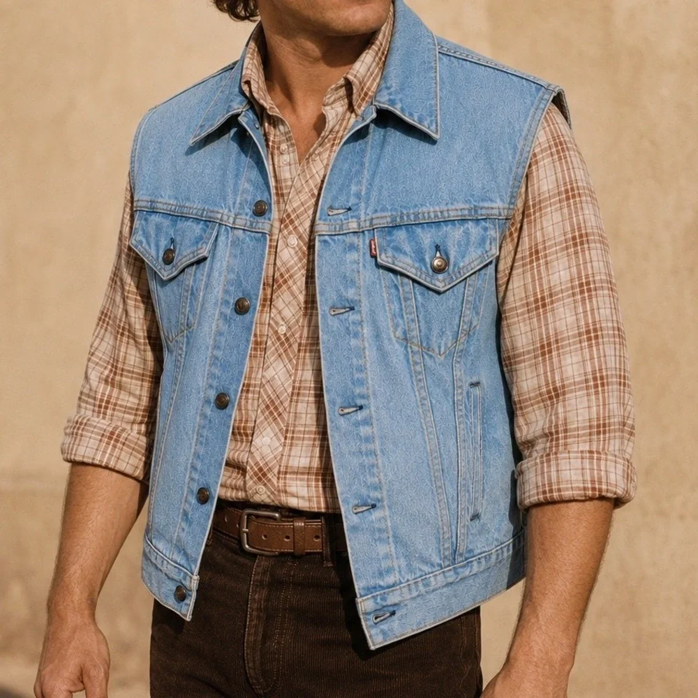 Vintage 70s Levi's Denim Vest Mens XL Light Wash Made in USA Red Tab Trucker